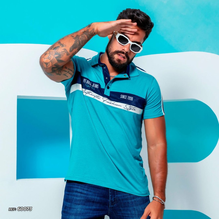 Men * | Pl Representacao Malha Liberty Men'S Polo Shirt With Cutouts 60073 Aquamarine/Navy/Off