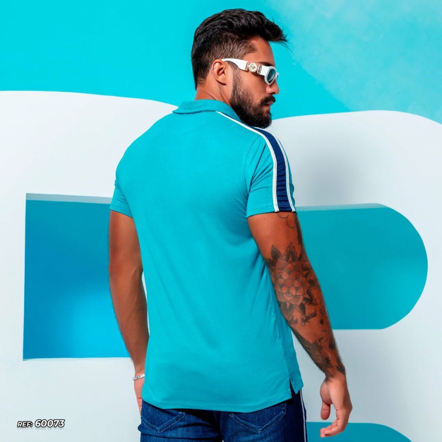 Men * | Pl Representacao Malha Liberty Men'S Polo Shirt With Cutouts 60073 Aquamarine/Navy/Off