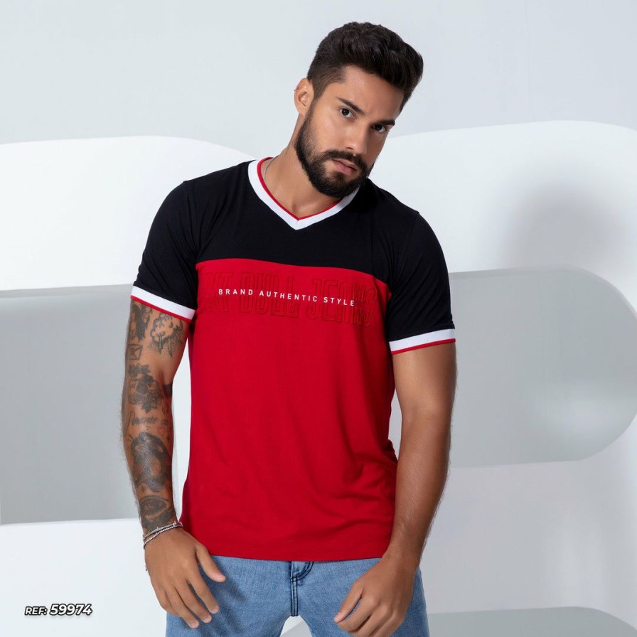 Men * | Pl Representacao Malha Men'S V-Neck Shirt Contrast Color 59974 Black/Red/White