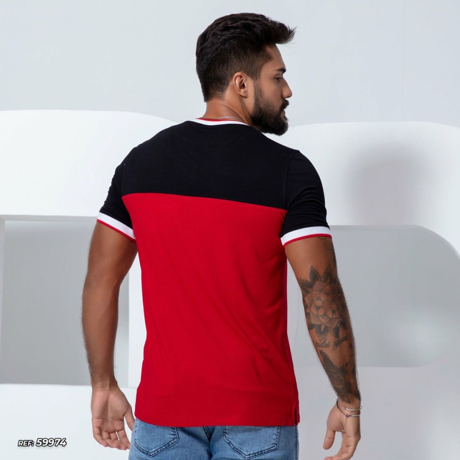 Men * | Pl Representacao Malha Men'S V-Neck Shirt Contrast Color 59974 Black/Red/White