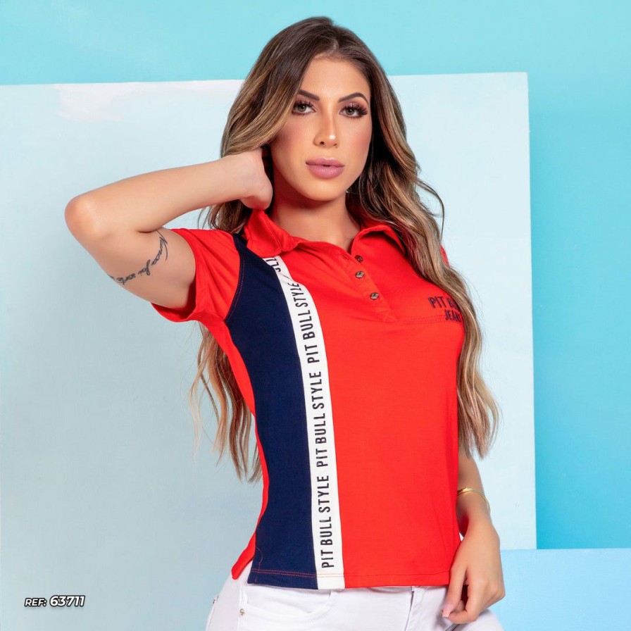 Women * | Pl Malha Women'S Polo Shirt Contrast Color 63711 Orange/Navy/Off White