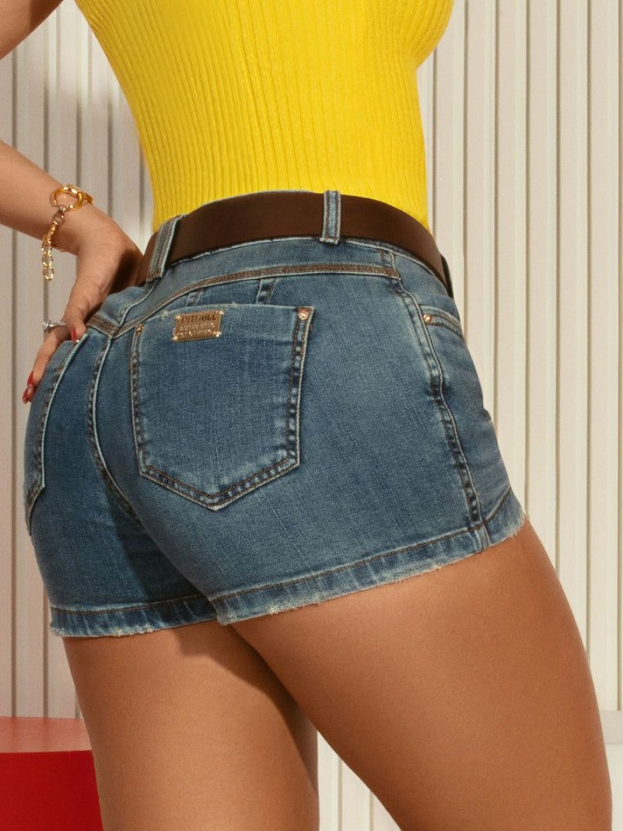 Women * | Pit Bull Jeans Movement Denim Shorts Butt Lifting With Destroyed And Leather Belt 59643 Medium Blue