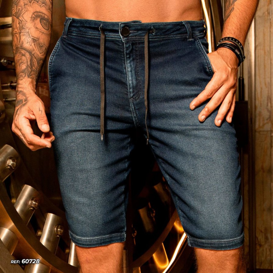 Men * | Pl Jeans Men'S Dark Denim Shorts With Adjustable Drawstring 60728