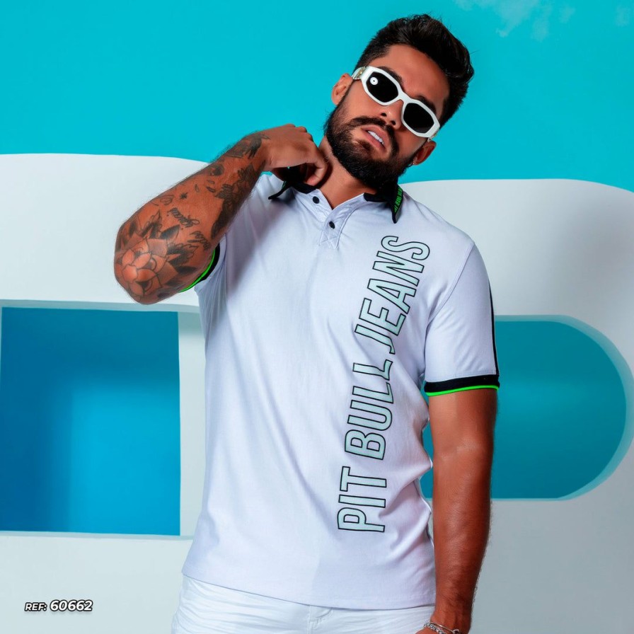 Men * | Pl Representacao Malha White Polo Collar With Logomania 60662 White/Black/Neon Green