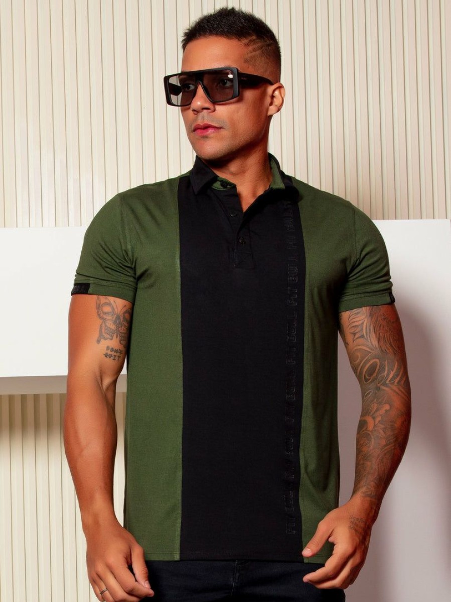 Men * | Pl Malha News 61688 Men'S Green Military Polo T-Shirt Green/Black