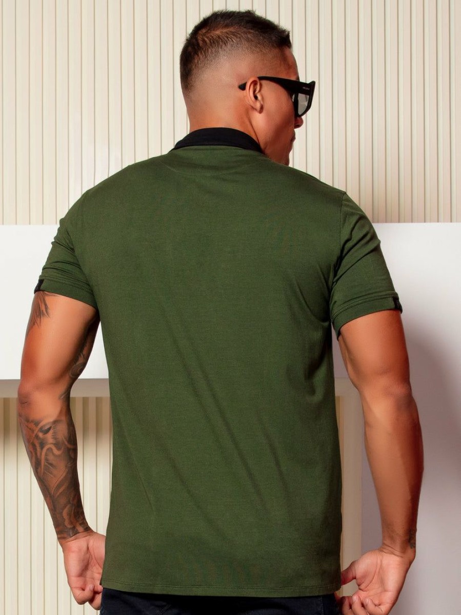 Men * | Pl Malha News 61688 Men'S Green Military Polo T-Shirt Green/Black