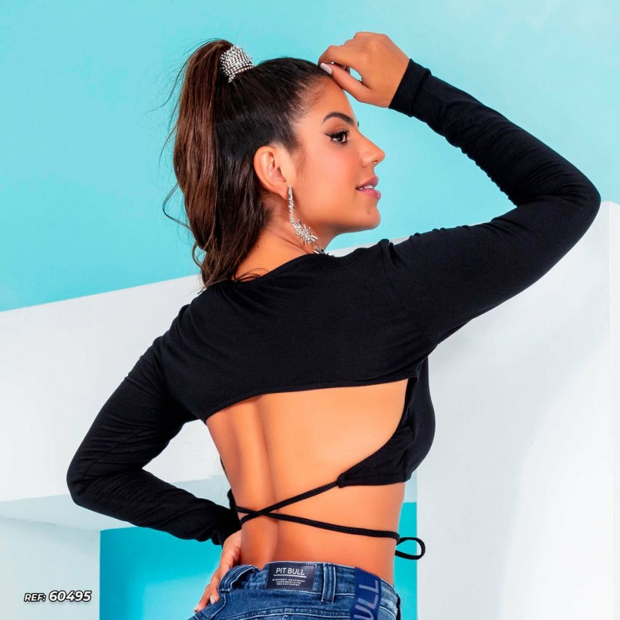 Women * | Pl Representacao Malha Long Sleeve Crop Top 60495 Tops Black