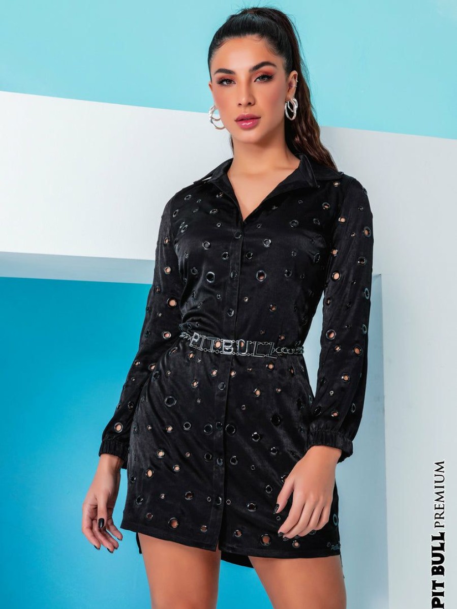 Women * | Pl Representacao Malha Women Shirt Dress With Eyelets 60271 Black