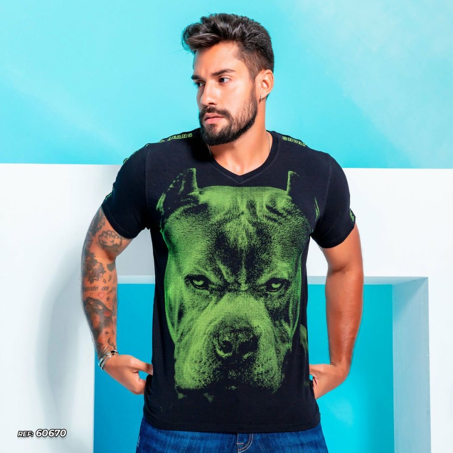 Men * | Pl Representacao Malha Pit Bull Jeans Men'S Animal Face T-Shirt 60670 Black