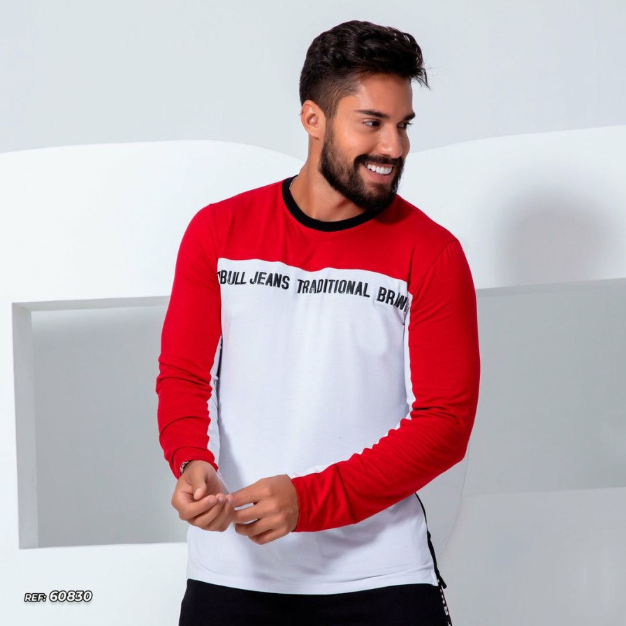 Men * | Pl Representacao Malha Men'S Long Sleeve T-Shirt 60830 White/Black/Red