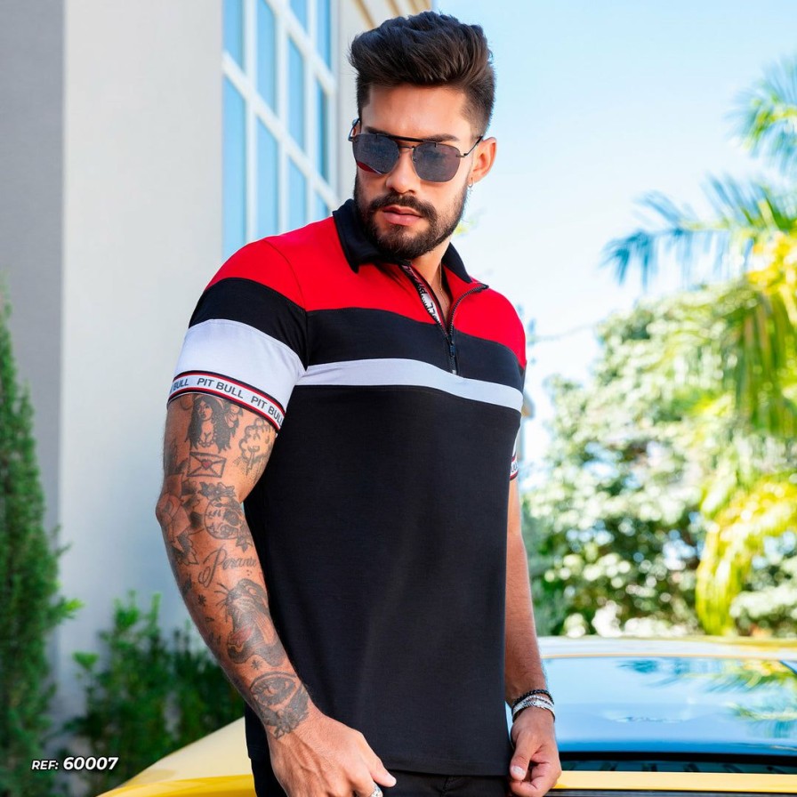 Men * | Pl Malha Color Block Polo With Zipper 60007 Conecte-Se Black/Red/White