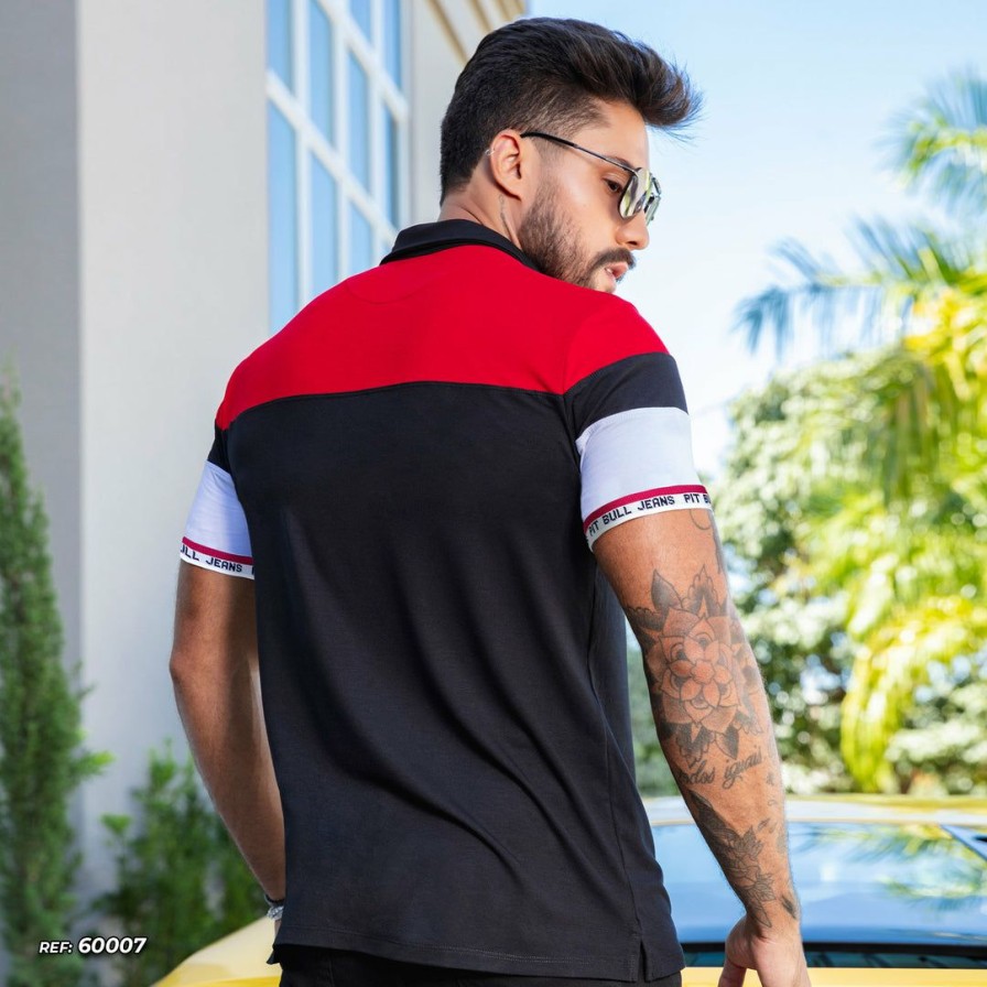 Men * | Pl Malha Color Block Polo With Zipper 60007 Conecte-Se Black/Red/White