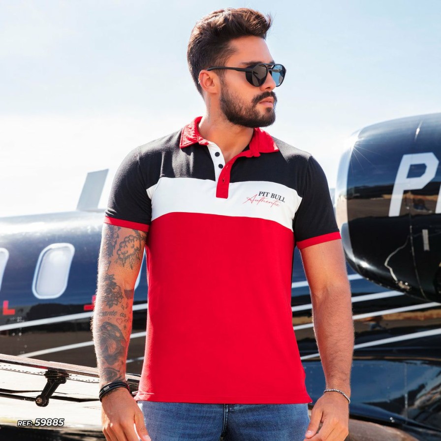 Men * | Pl Malha Color Block Style Men'S Polo- 59885 Black/Red/Off