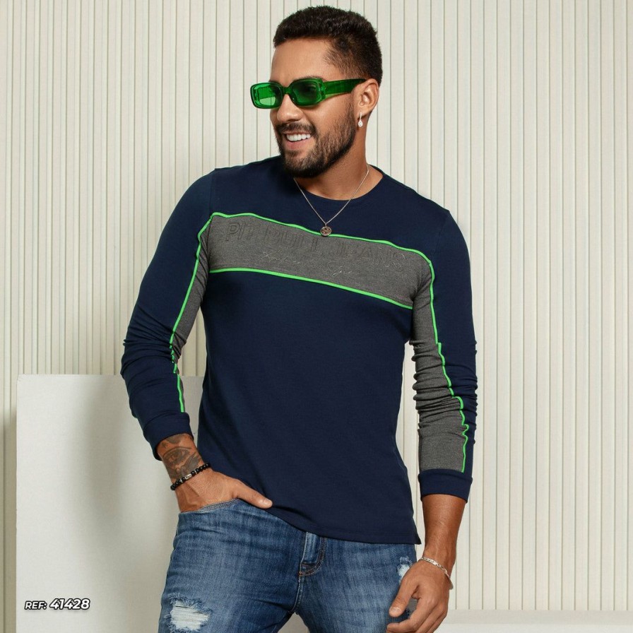 Men * | Pl Malha 41428 Long Sleeve T-Shirt With Round Neck And Color Block