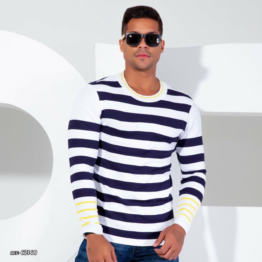 Men * | Pl Tricot Liberty Men'S Striped Knit Shirt 62148 White With Blue