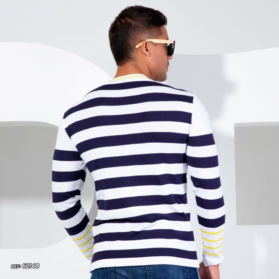 Men * | Pl Tricot Liberty Men'S Striped Knit Shirt 62148 White With Blue