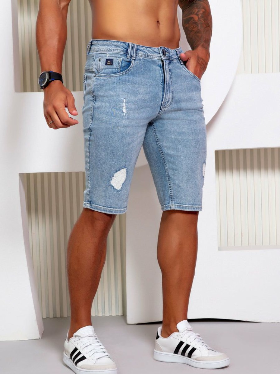 Men * | Pl Jeans 61763 Light Denim Shorts With Destroyed Free Movement Light Blue