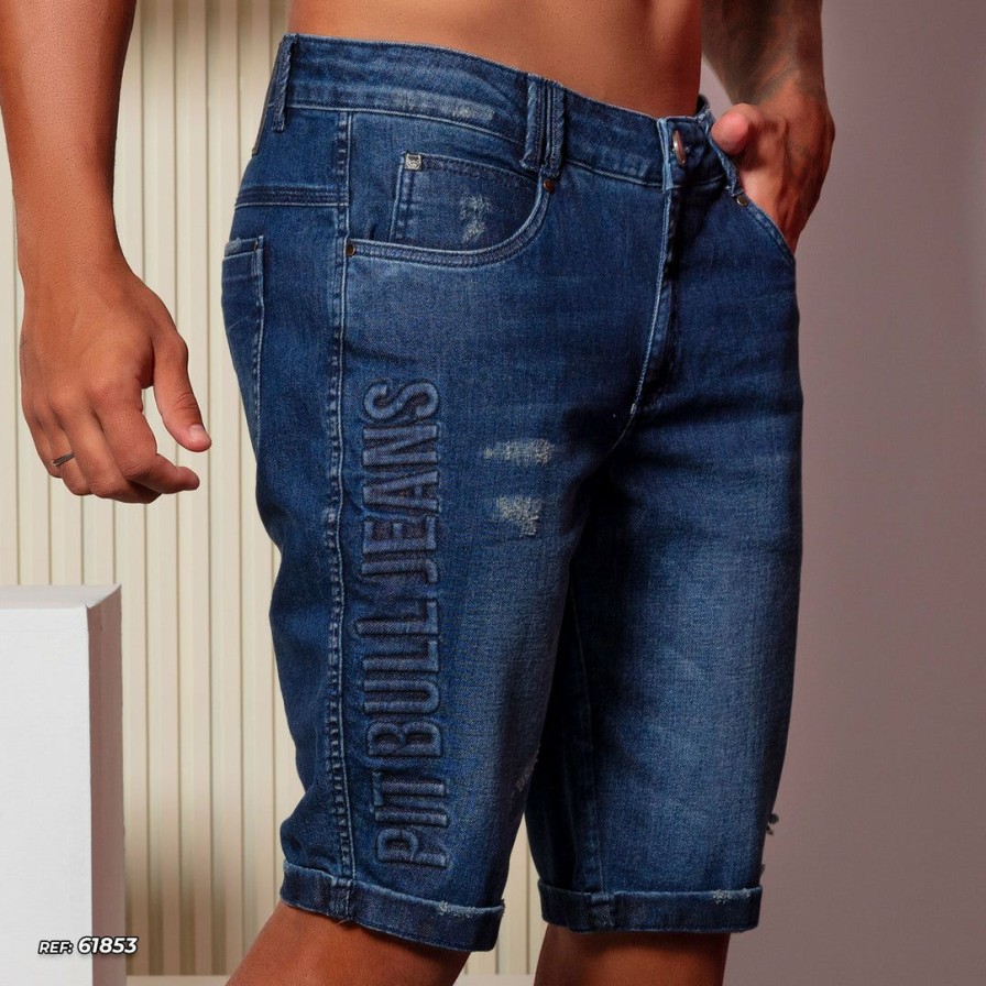 Men * | Pit Bull Jeans 61853 Men'S Shorts Total Style With Logomania And Frayed Medium Blue