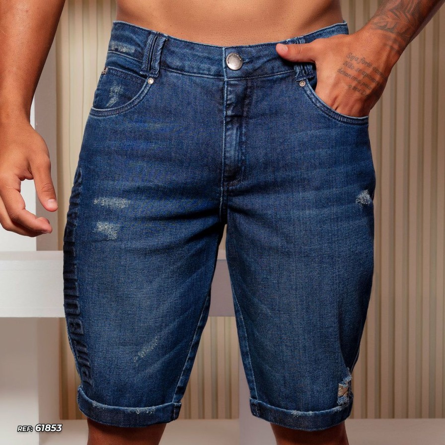 Men * | Pit Bull Jeans 61853 Men'S Shorts Total Style With Logomania And Frayed Medium Blue