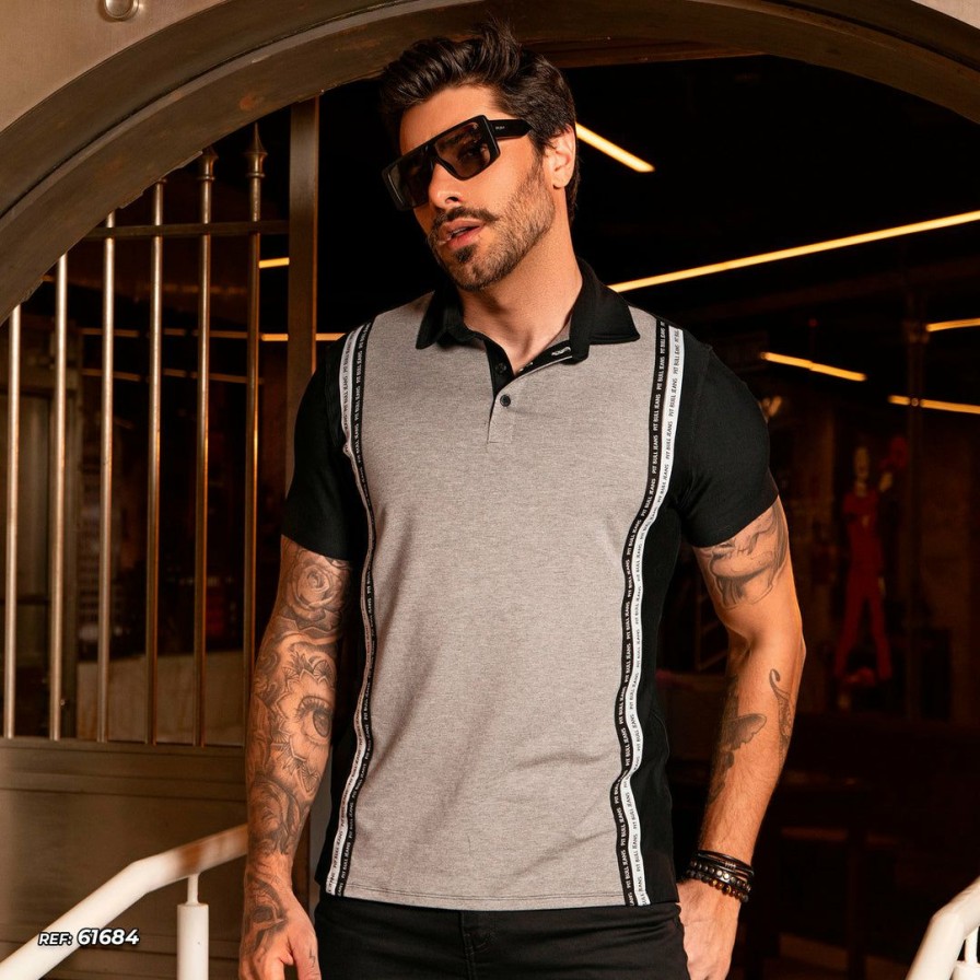 Men * | Pl Malha Men'S Polo T-Shirt With Gray Detail And Logomania 61684 Movement Black