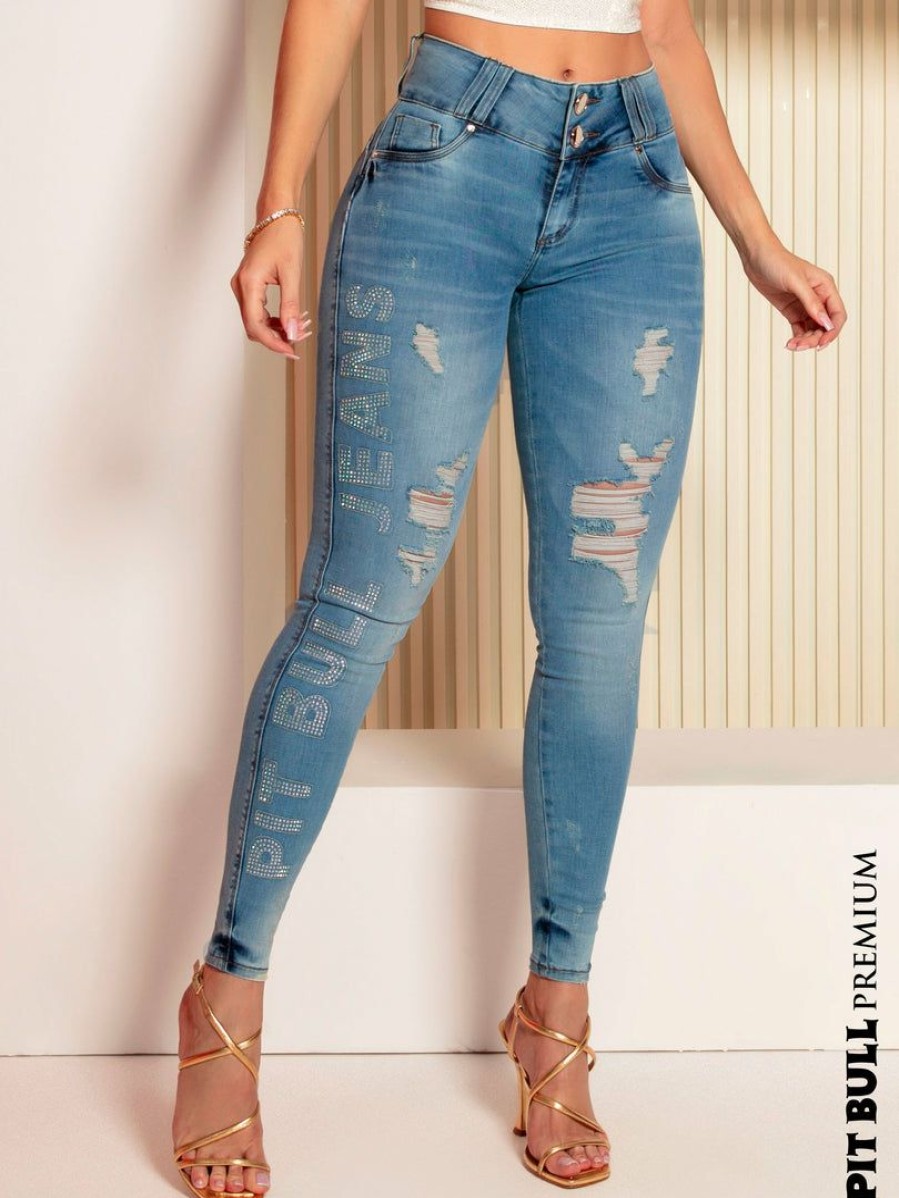 Women * | Pit Bull Jeans 42003 Jeans With Logomania And Destroyed Details News Medium Blue