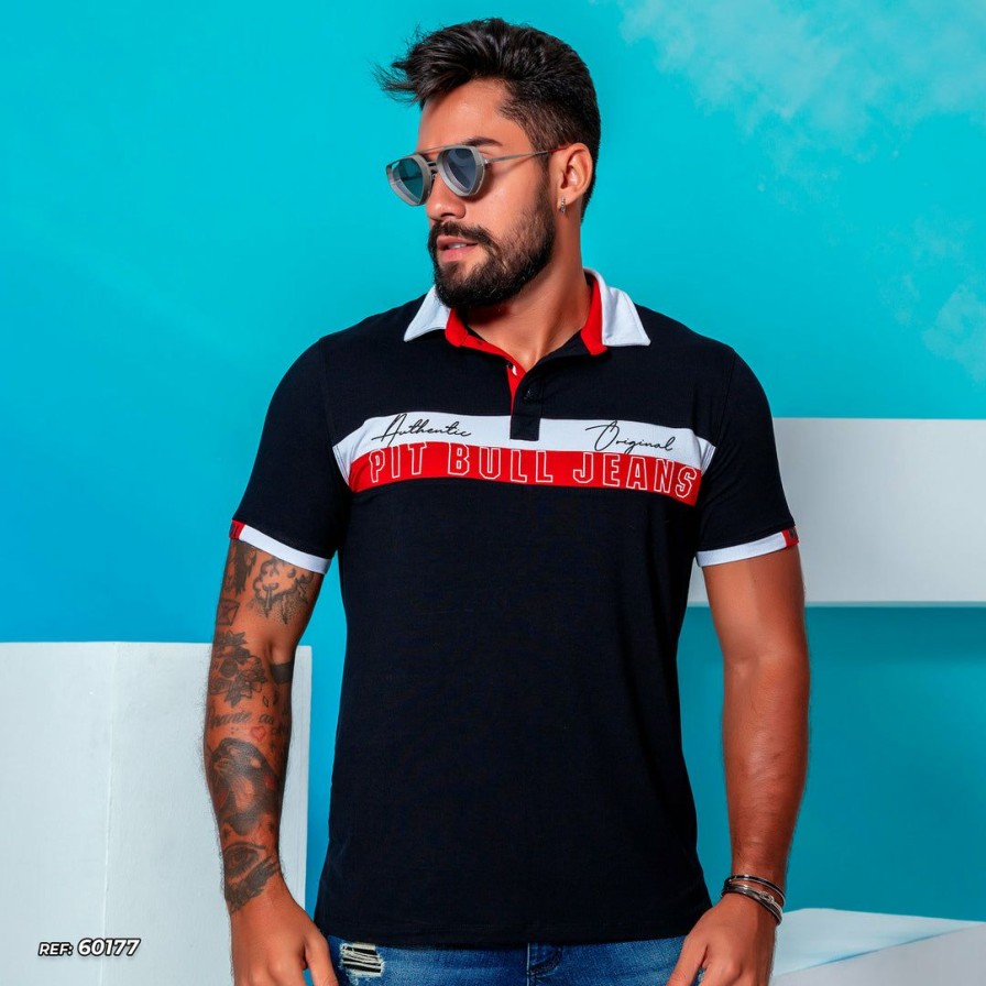 Men * | Pl Representacao Malha Men'S Black Polo Shirt With Cutouts 60177 Black/Red/White