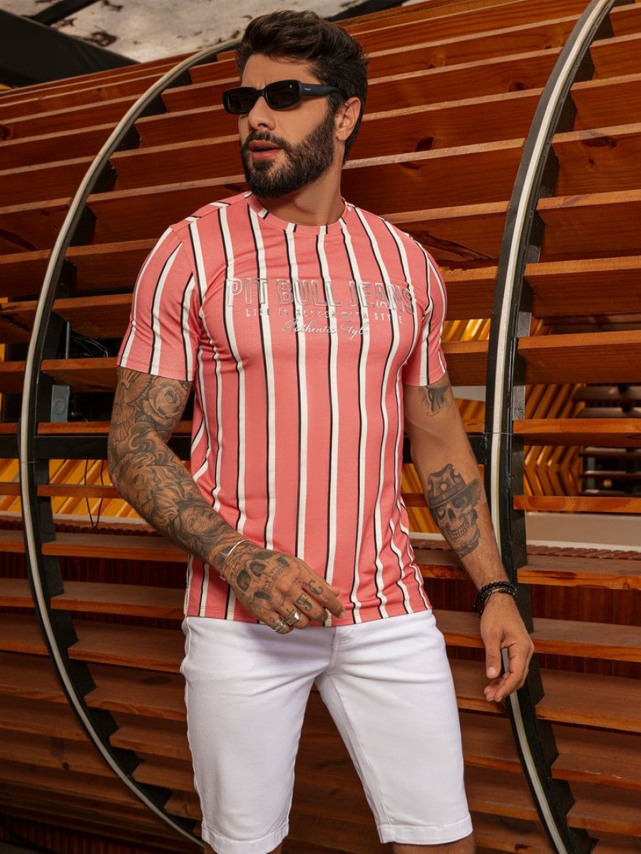 Men * | Pit Bull Jeans Official News 63534 Men'S Pink Striped T-Shirt Stamped