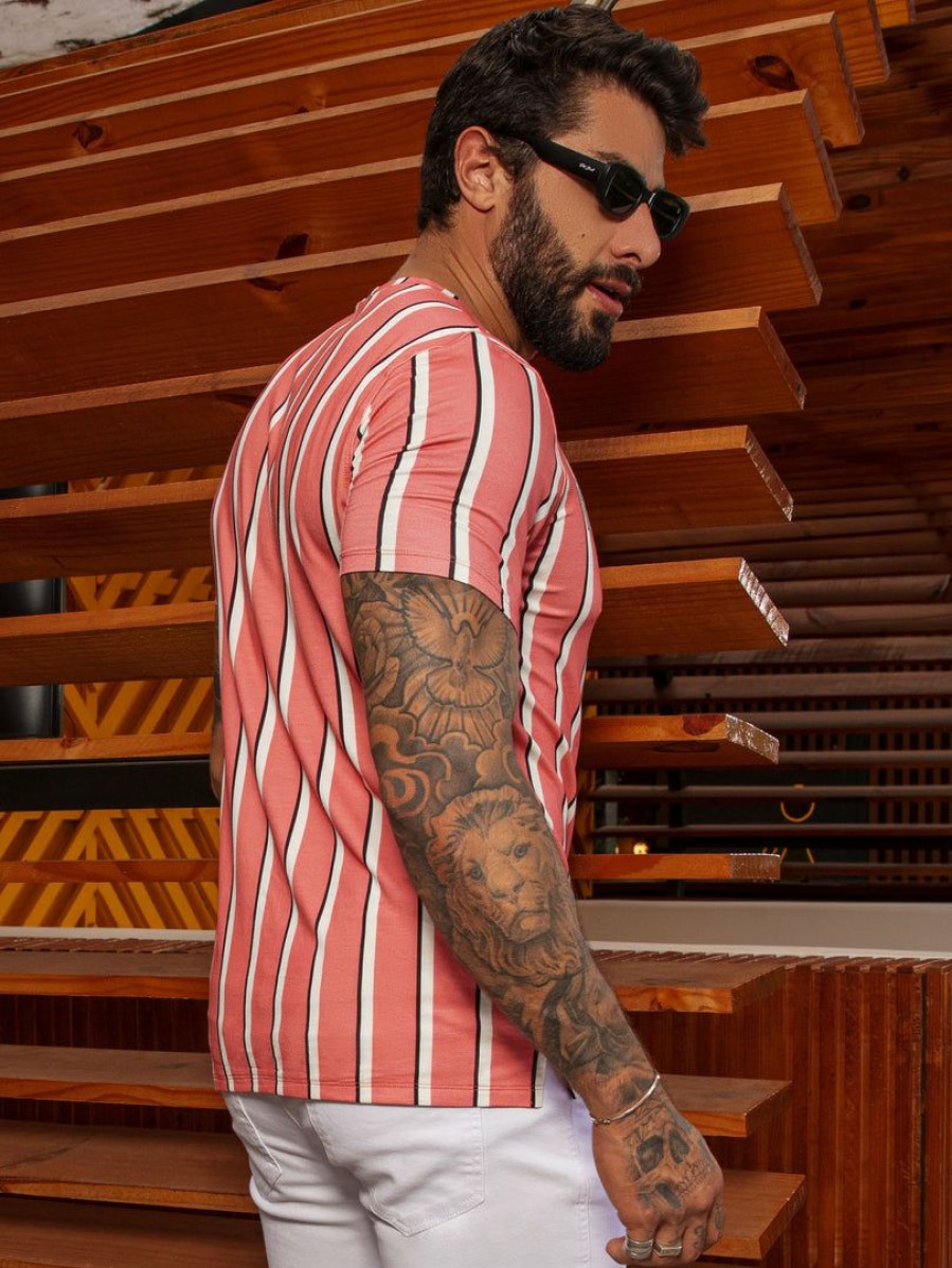 Men * | Pit Bull Jeans Official News 63534 Men'S Pink Striped T-Shirt Stamped