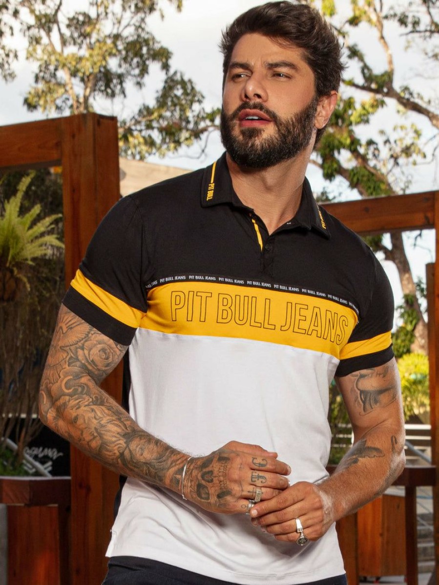 Men * | Pl Malha Men Polo Shirt Black/Yellow/White