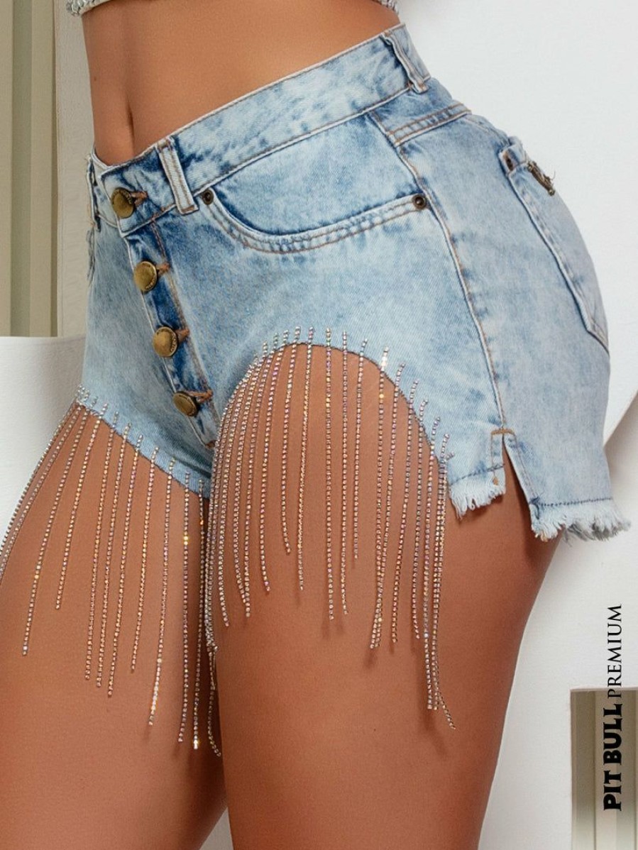 Women * | Pl Jeans Sexy Shorts Curves Modeler With Rhinestones And Butt Lifting 63951 Light Blue