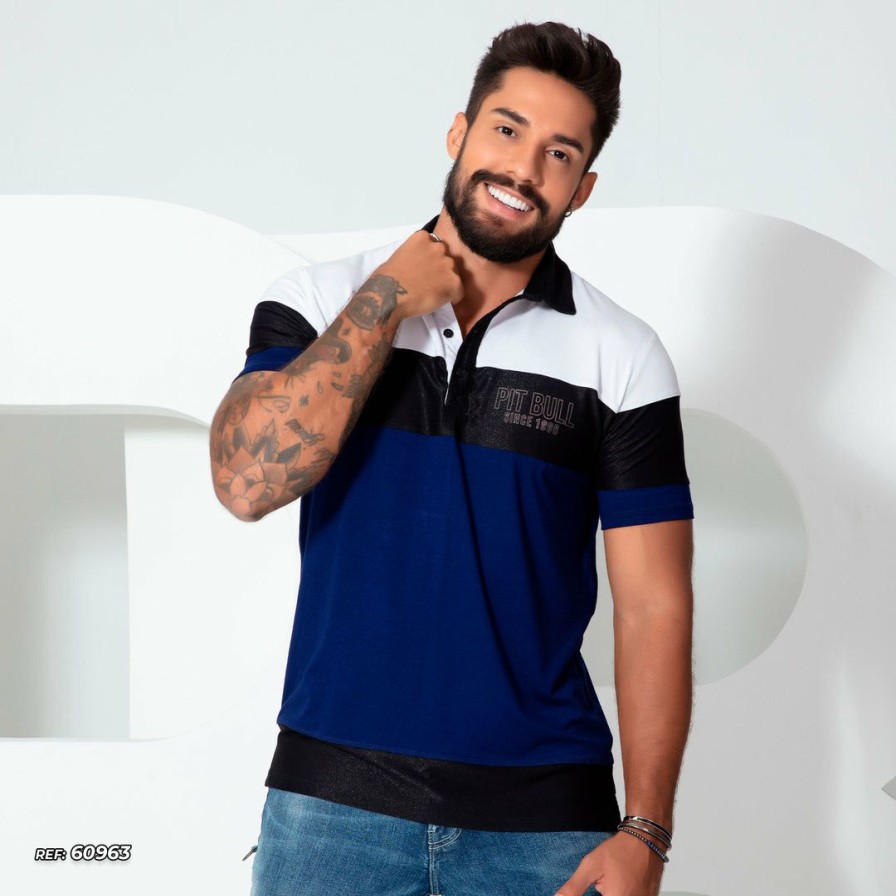 Men * | Pl Representacao Malha Men'S Polo Shirt With Contrast Color 60963 Black/Blue/White