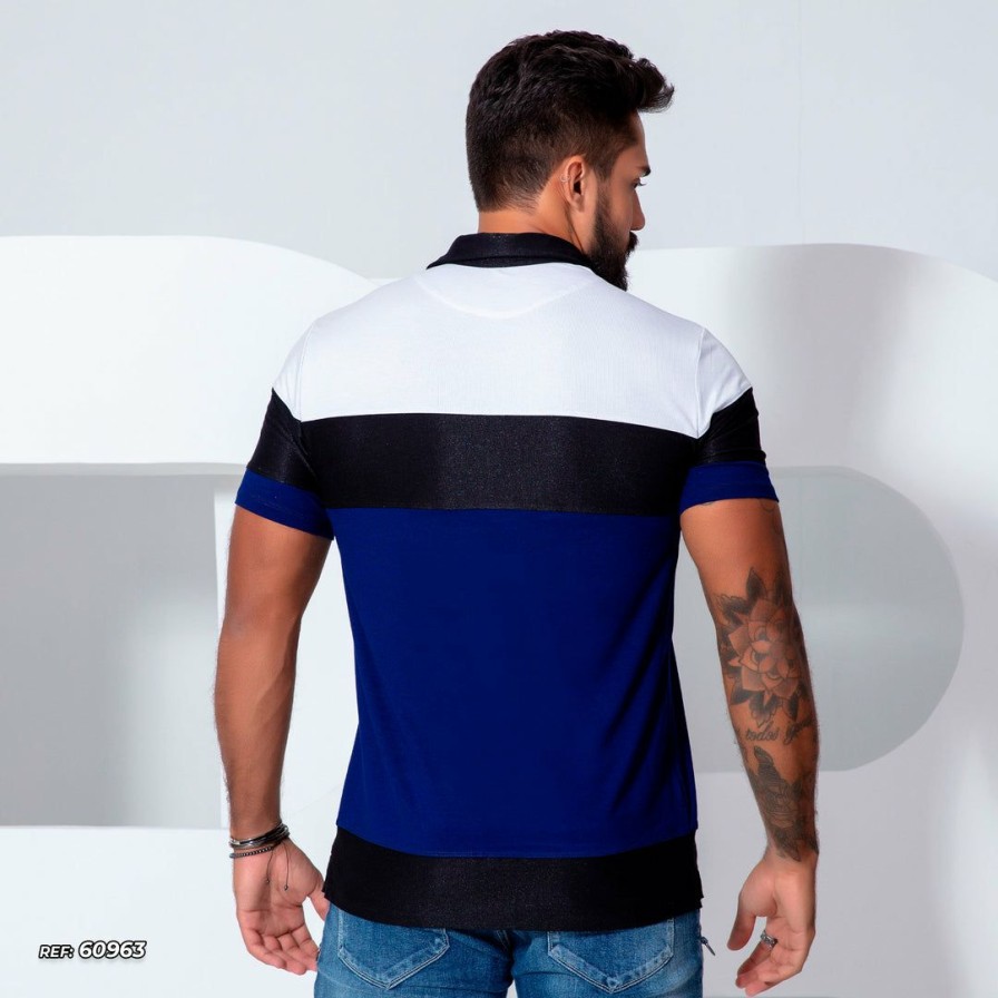 Men * | Pl Representacao Malha Men'S Polo Shirt With Contrast Color 60963 Black/Blue/White