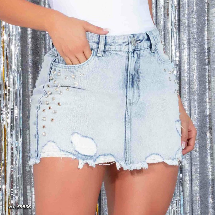 Women * | Pl Representacao Jeans Denim Mini Skirt With Destroyed 59836 Women