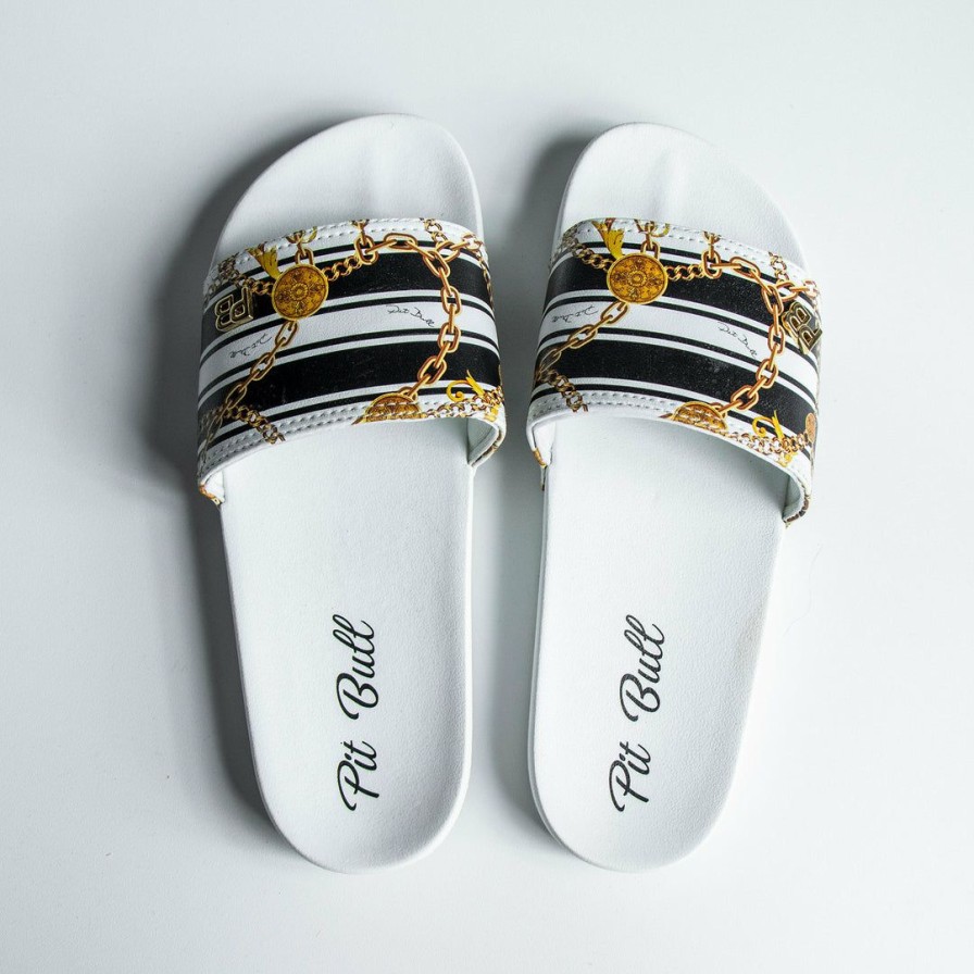 Women * | Pit Bull Jeans Lightweight Slipper With Stripe And Chain Print 37107 Women White