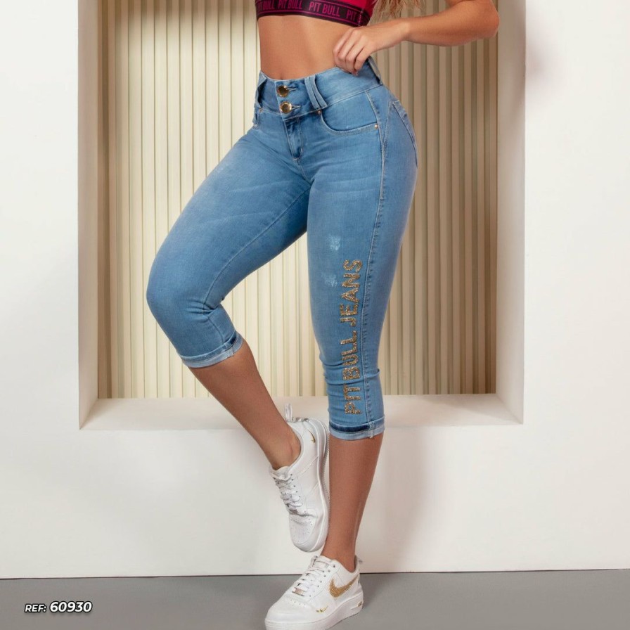 Women * | Pit Bull Jeans 60930 Capri Pants With Logomania And Butt Lift Technology