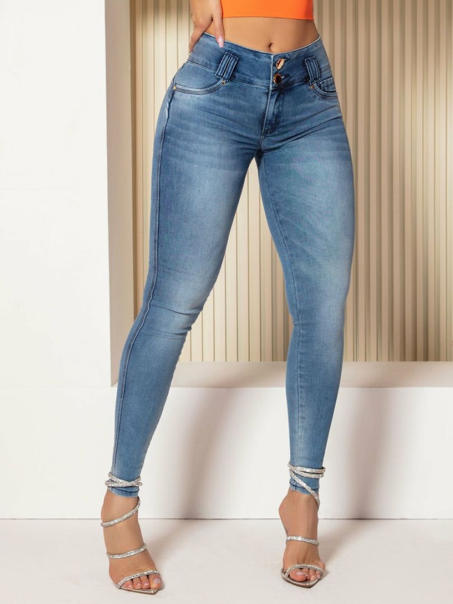 Women * | Pit Bull Jeans 41753 Skinny Jeans With Logomania On The Waistband Medium Bluemedium Blue