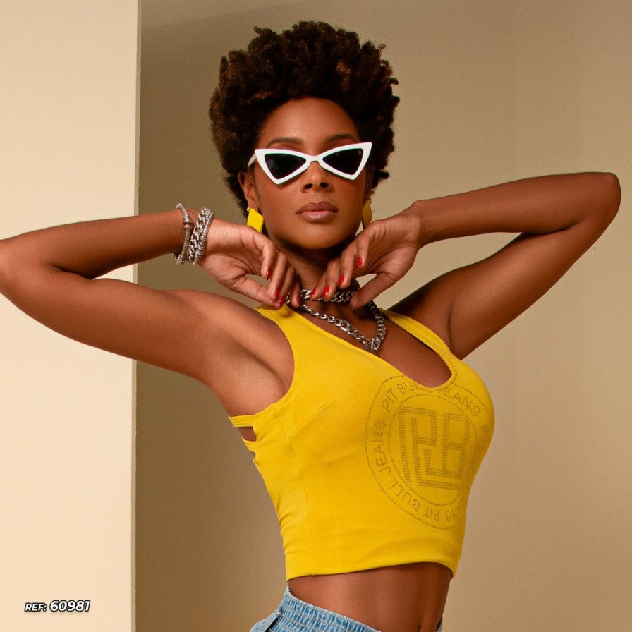 Women * | Pl Malha Tank Top Sexy V-Neck Pit Bull 60981 Yellow