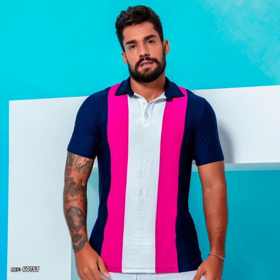 Men * | Pl Representacao Malha Men'S Polo Shirt Cutouts 60153 Navy/Off White/Fuchsia