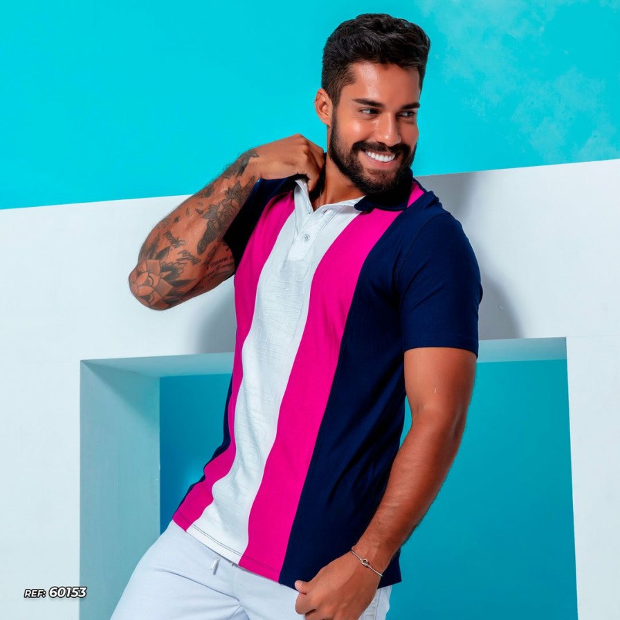 Men * | Pl Representacao Malha Men'S Polo Shirt Cutouts 60153 Navy/Off White/Fuchsia