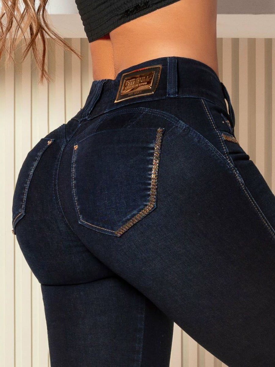 Women * | Pl Jeans News 62926 Skinny Pants Dark Denim With Butt Lifting And Rhinestones Dark Blue