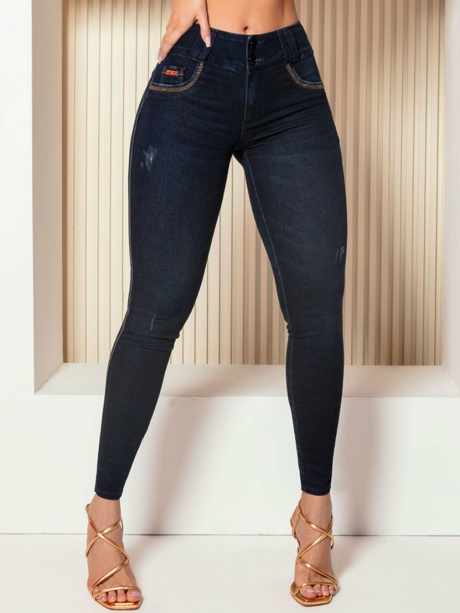 Women * | Pl Jeans News 62926 Skinny Pants Dark Denim With Butt Lifting And Rhinestones Dark Blue