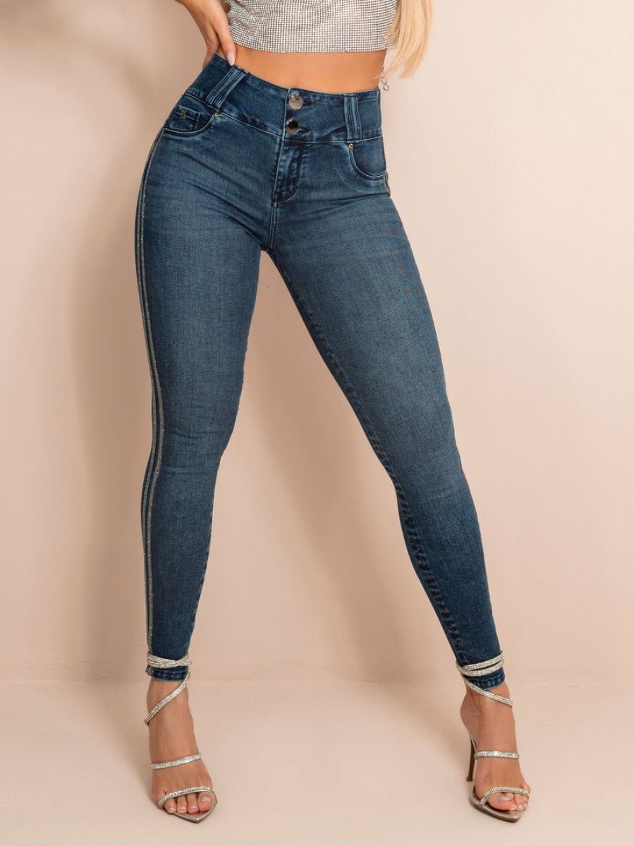 Women * | Pl Jeans 62564 Jeans With Silver Stripes News Dark Blue