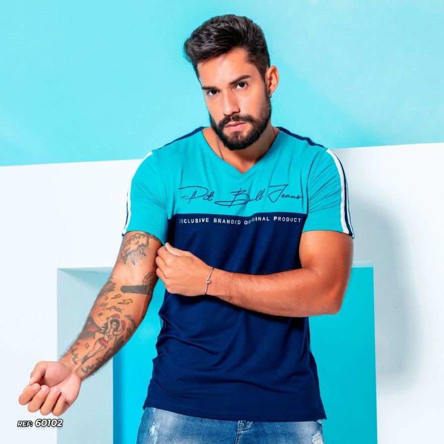 Men * | Pl Representacao Malha Men'S T-Shirt Contrast Color With V-Neck 60102 Polera Cuello V Navy Blue/ Aquamarine/White