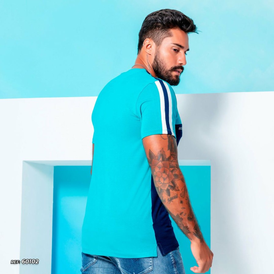 Men * | Pl Representacao Malha Men'S T-Shirt Contrast Color With V-Neck 60102 Polera Cuello V Navy Blue/ Aquamarine/White