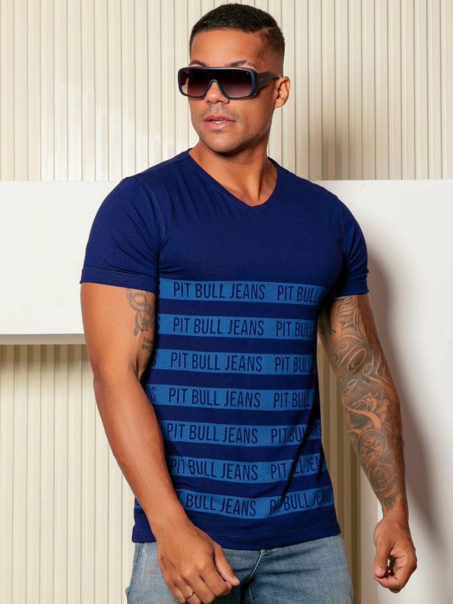 Men * | Pl Malha 61548 Men'S T-Shirt With Logomania In Stripes Navy Blue 8221