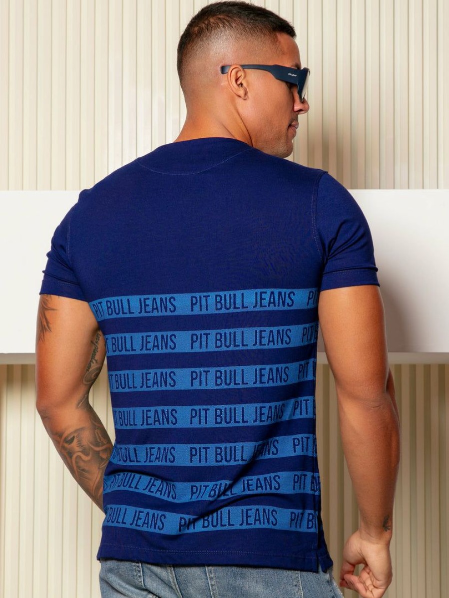 Men * | Pl Malha 61548 Men'S T-Shirt With Logomania In Stripes Navy Blue 8221