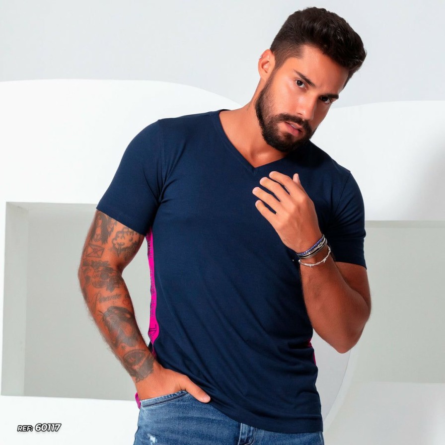 Men * | Pl Representacao Malha V-Neck T-Shirt With Logomania 60117 Navy / Pink