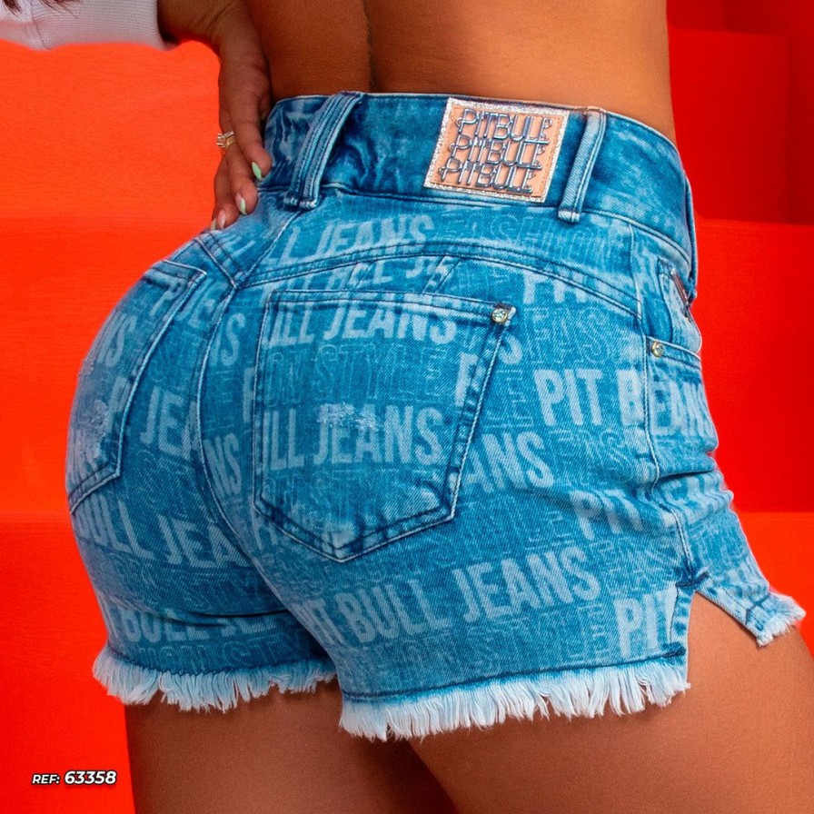 Women * | Pit Bull Jeans 63358 Loose Shorts With Frayed Hem And Butt Lift Effect 63358 Loose Shorts With Frayed Hem And Medium Blue