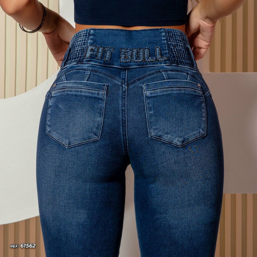 Women * | Pit Bull Jeans 61562 Denim Pants Butt Lift With Magical Reducing Waist News Medium Blue