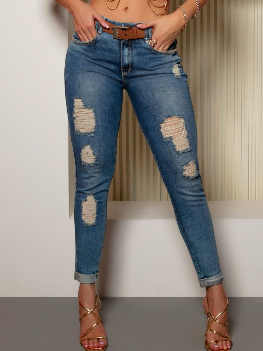 Women * | Pit Bull Jeans 38568 Boyfriend Destroyed Jeans With Belt Medium Blue